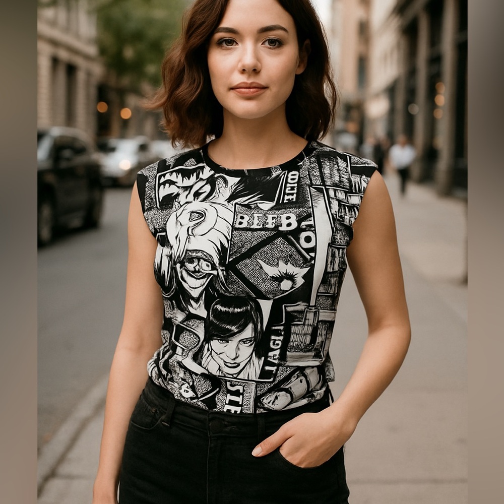 Graphic Black and White Comic Print Pop Art Top